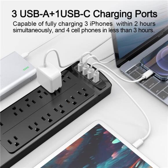 Power Strip, ALESTOR Surge Protector with 12 Outlets and 4 USB Ports, 6 Feet - Picture 4 of 7